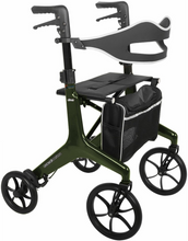 Afbeelding in Gallery-weergave laden, Een lichtgewicht rollator, gemaakt van carbon. De rollator heeft een zichtbare rugsteun om te kunnen zitten. De kleur van de rollator is groen, en de banden zijn van rubber.