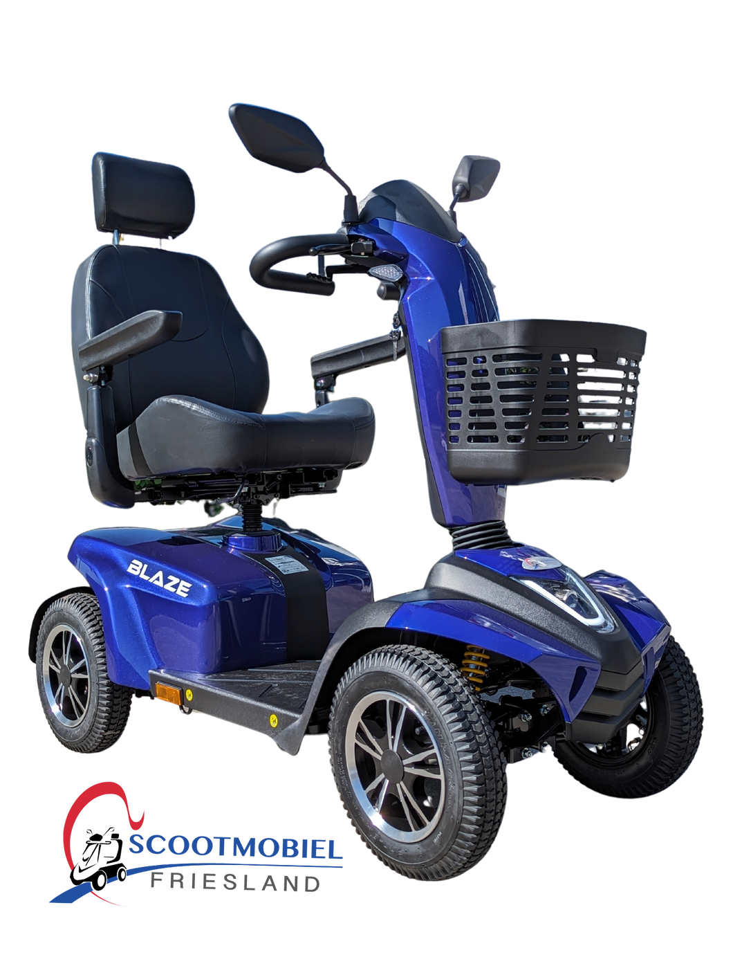 Een donkerblauwe Drive ST5D scootmobiel hier in een zijaanzicht