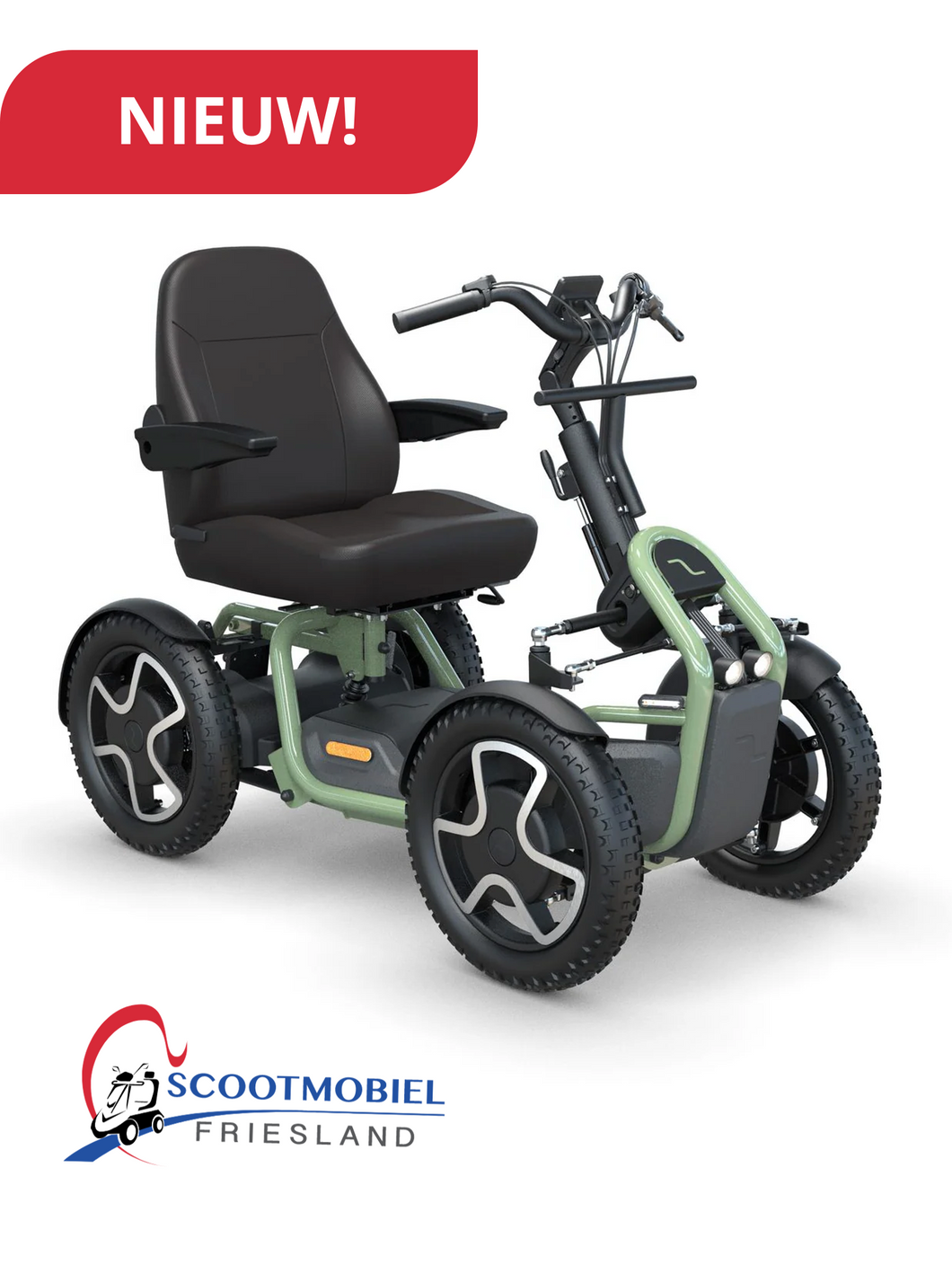Een nieuwe scootmobiel, dit staat ook op de afbeelding. Het is een vierwiel scootmobiel met een fietsstuur en een grote stoel. Met een moderne groene kleur. Een heel andere scootmobiel dan de traditionele ontwerpen.