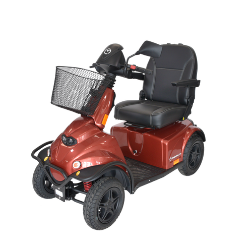 Het zijaanzicht van de Minicrosser scootmobiel in een oranje uitvoering