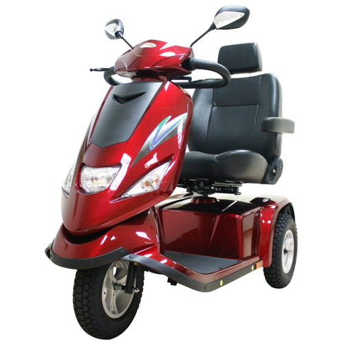 De Drive ST6D driewiel scootmobiel is een rode scootmobiel en heeft een brede stoel
